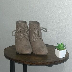 Light Brown/Grey Suede Wedge Booties, Size 10